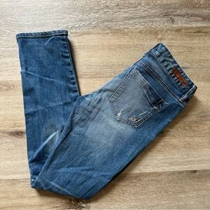 Express Denim Straight Leg Stella Low Rise Distressed Jeans in Blue